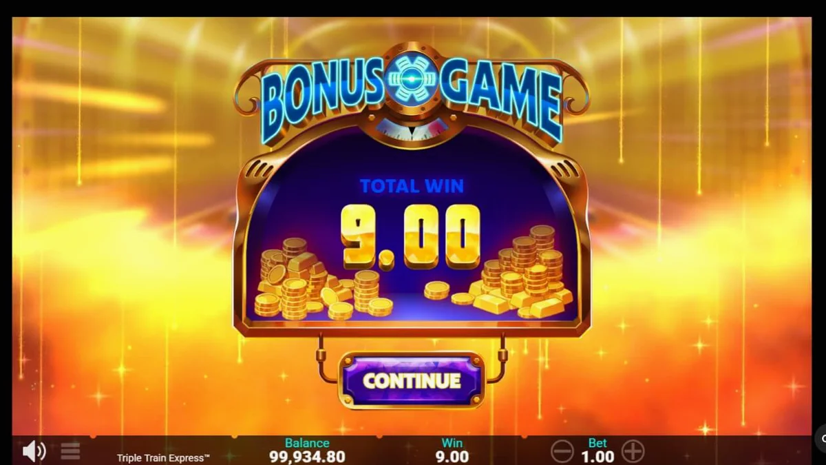 Tampilan layar ponsel yang menampilkan permainan slot Triple Train Express dengan tema neon futuristik.