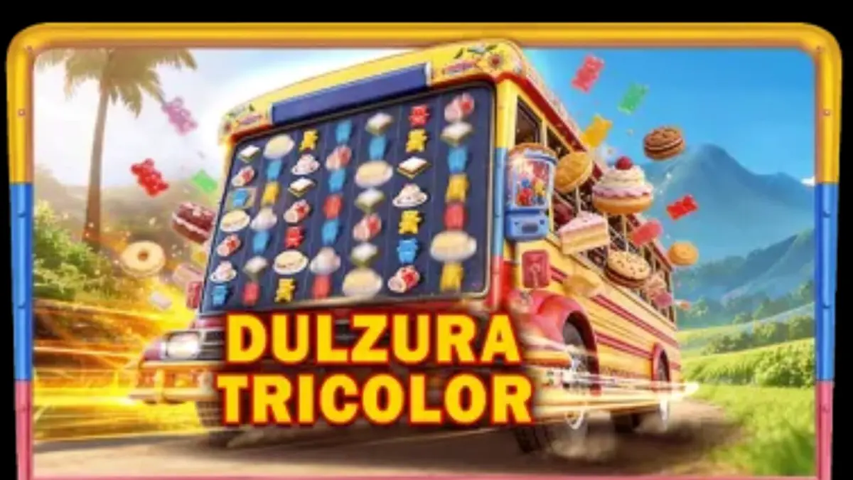 Tampilan visual slot Dulzura Tricolor dengan latar belakang pemandangan Kolombia dan simbol kue manis.
