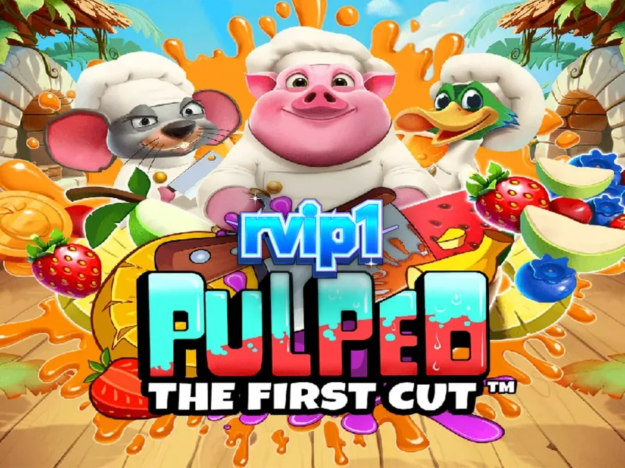 Tampilan visual permainan slot Pulped: The First Cut dengan tema dapur tropis